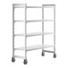 A white Cambro Camshelving® Premium mobile shelving unit with 4 solid shelves and wheels.
