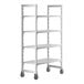 A white plastic Cambro Camshelving® Premium mobile shelving unit with 4 vented shelves and wheels.