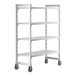 A white metal Cambro Camshelving® Premium mobile shelving unit with vented shelves.