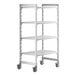 A white plastic Cambro Camshelving Premium mobile shelving unit with 4 vented shelves on wheels.