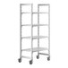 A white plastic Cambro Camshelving® Premium mobile shelving unit with 4 vented shelves on wheels.
