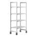 A white plastic Cambro Camshelving® Premium mobile shelving unit with wheels.