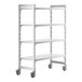 A white Cambro Camshelving® Premium mobile shelving unit with 4 solid shelves on wheels.