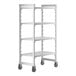 A white Cambro Camshelving Premium mobile shelving unit with vented shelves and wheels.