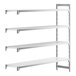 A white rectangular Cambro Camshelving® add-on unit with three vented shelves and one solid shelf.