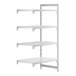 A white Cambro Camshelving® add-on unit with three vented shelves and one solid shelf.