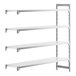 A white rectangular Cambro Camshelving® add-on unit with four shelves on a metal frame.