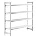 A white Cambro Camshelving® Premium stationary unit with 3 vented shelves and 1 solid shelf.