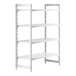A white plastic Cambro Camshelving® stationary unit with 3 vented shelves and 1 solid shelf.