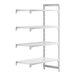 A white Cambro Camshelving® add-on unit with 3 vented shelves and 1 solid shelf.
