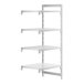 A white plastic Cambro Camshelving® add-on unit with 3 vented shelves and 1 solid shelf.