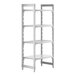 A white Cambro Camshelving Premium stationary unit with 3 vented shelves and 1 solid shelf.