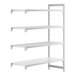 A white rectangular Cambro Camshelving® add-on unit with 3 vented shelves and 1 solid shelf.