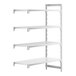 A white Cambro Camshelving® stationary add-on unit with 3 vented shelves and 1 solid shelf.