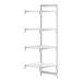 A white Cambro Camshelving® Premium Add-On unit with 3 vented shelves and 1 solid shelf.
