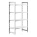 A white Cambro Camshelving Premium stationary starter unit with four shelves.