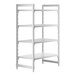 A white Cambro shelving unit with 3 vented shelves and 1 solid shelf.