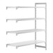 A white Cambro Camshelving® Premium stationary unit with 3 vented shelves and 1 solid shelf.