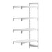 A white plastic Cambro Camshelving® add-on unit with 3 vented shelves and 1 solid shelf.