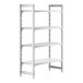 A white Cambro Camshelving unit with 3 vented shelves and 1 solid shelf.