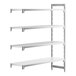 A white Cambro Camshelving® Premium stationary shelving unit with 3 vented shelves and 1 solid shelf.