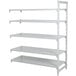 A white metal Cambro Camshelving Premium add on unit with four shelves.