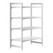 A white Cambro Camshelving Premium starter unit with 3 vented shelves and 1 solid shelf.