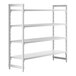 A white metal Cambro Camshelving Premium stationary unit with 3 vented shelves and 1 solid shelf.