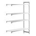 A white rectangular Cambro Camshelving unit with 3 vented shelves and 1 solid shelf.