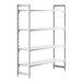 A white shelving unit with four shelves.