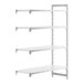 A white rectangular plastic shelf with four shelves.