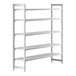 A white shelving unit with five vented shelves.