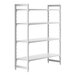 A white Cambro Camshelving Premium stationary starter unit with four shelves.