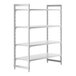 A white Cambro Camshelving® Premium stationary starter unit with four shelves.