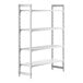 A white Cambro Camshelving Premium stationary unit with 3 vented shelves and 1 solid shelf.