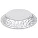 A close-up of a round silver D&W Fine Pack foil pie pan.
