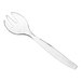 A clear disposable plastic serving fork.