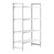 A white Cambro Camshelving Premium stationary starter unit with 3 vented shelves and 1 solid shelf.