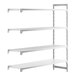 A white rectangular Cambro Camshelving® Premium Add-On Unit with 3 shelves and 1 solid shelf.