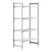 A white plastic Cambro Camshelving Premium stationary starter unit with 3 vented shelves and 1 solid shelf.