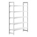 A white Cambro Camshelving Premium stationary starter unit with 5 shelves.