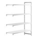 A white rectangular Cambro Camshelving Premium Add-On Unit with 3 vented shelves and 1 solid shelf.