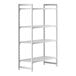 A white plastic Cambro shelving unit with four vented shelves.