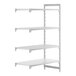A white Cambro Camshelving® add-on unit with 3 vented and 1 solid shelf.