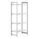 A white Cambro Camshelving Premium stationary shelving unit with four shelves.