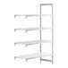 A white rectangular Cambro Camshelving Premium stationary add-on unit with 3 vented shelves and 1 solid shelf.
