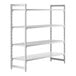 A white metal Cambro Camshelving Premium stationary unit with three vented shelves and one solid shelf.