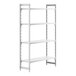 A white Cambro Camshelving Premium stationary starter unit with four shelves.