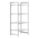 A white plastic Cambro Camshelving unit with 3 vented shelves and 1 solid shelf.