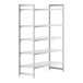 A white Cambro Camshelving® Premium stationary starter unit with 5 shelves.